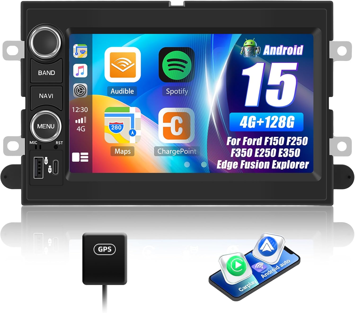4G+128G Car Radio for Ford F150 F250 F350 E250 E350 Edge Fusion Explorer with Wireless Carplay Android Auto, 7 inch HD Touch Screen Car Stereo with Bluetooth GPS Navigation WiFi FM RDS SWC