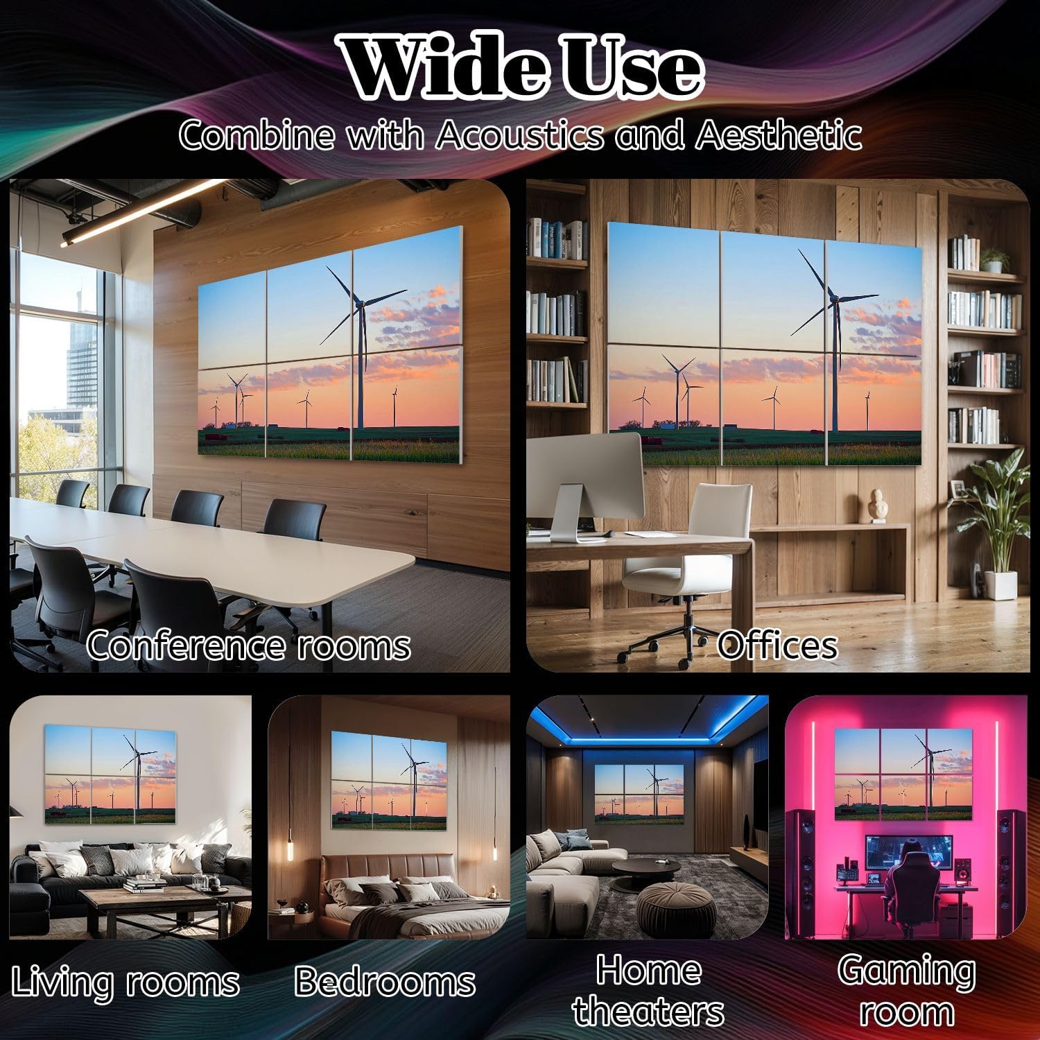 6 Pack Art Acoustic Panels Kansas Wind Farm sunset Sound Absorbing Panel 48