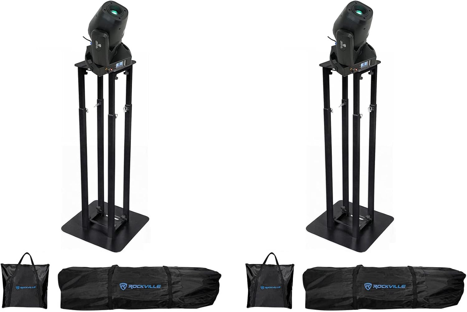 Rockville Rock SPOT Bundle: (2) 260W DJ Moving Head Spot Lights w/Wireless DMX, Prism, Gobos, (2) RTP32B Totem Moving Head Light Stands w/Black & White Scrims & Carry Bags, 4-Items