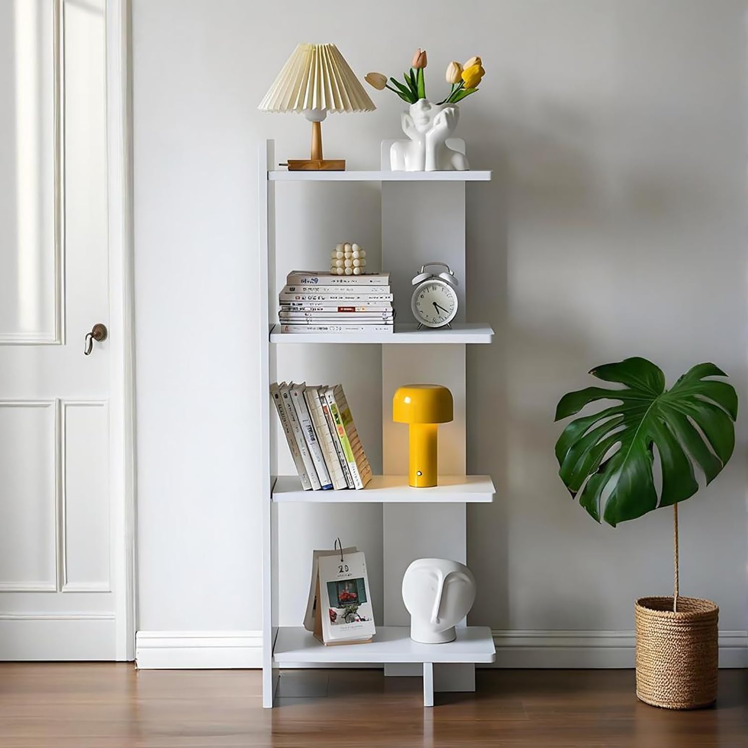 4 Tiers Corner Bookshelf, Solid Wood Storage Display Shelf, Modern and Simple Bookcase, Floor-Standing Rack, for Bedroom, Living Room, Kitchen, Home Office(White)