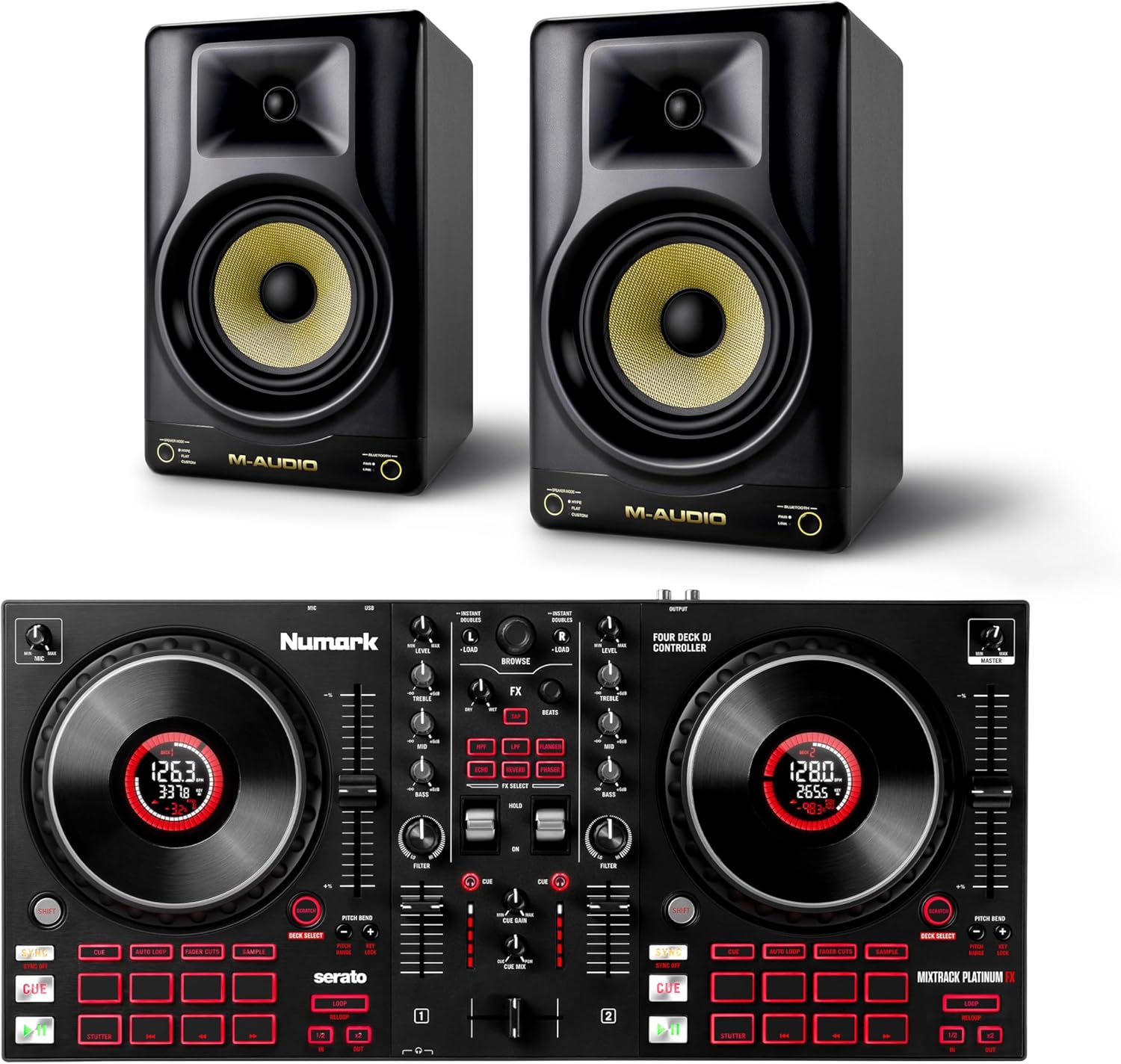 Numark Mixtrack Platinum FX DJ Controller and M-AUDIO Forty Sixty Pair Studio Monitors for Studio Recording, Music Production, Podcasting, Streaming