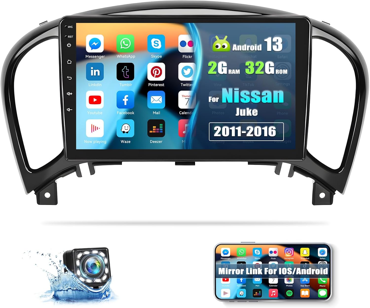 [2+32GB] Car Stereo Radio for Nissan Juke 2011-2016,9 Inch Touchscreen Android 13 Car Radio Android Head Unit with Mirror Link GPS Navigation WiFi Bluetooth FM/RDS Radio SWC Dual USB+Backup Camera