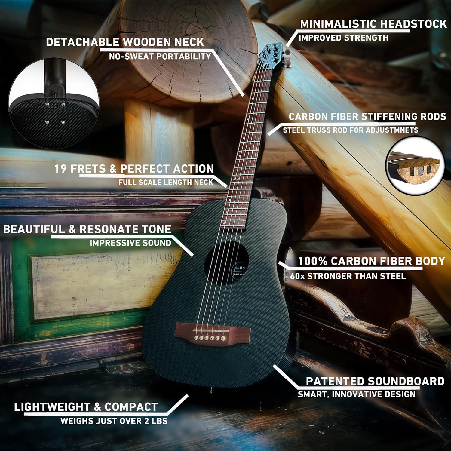 KLOS Travel Guitar, Durable Carbon Fiber Acoustic Guitar - Black with Gig Bag, Strap, Capo and more