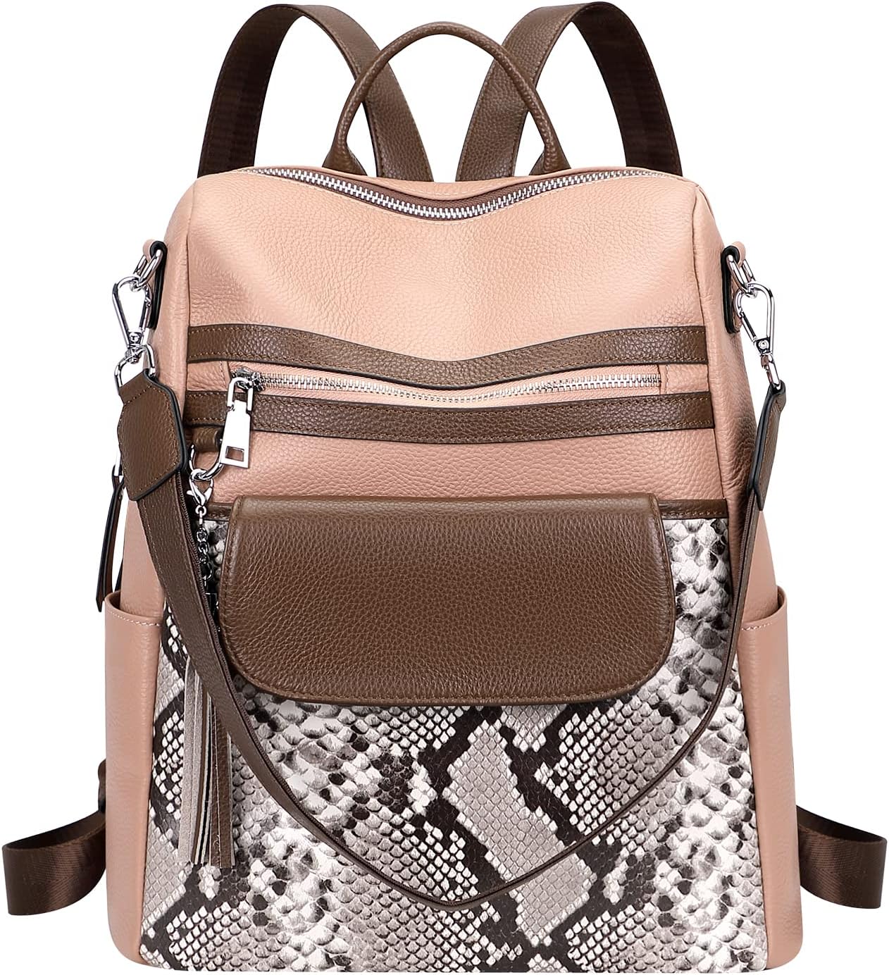 ALTOSY Genuine Leather Backpack Purse for Women Large Convertible Shoulder bag Ladies Crossdody Bag with Tassel(S115 Dark Pink/Coffee/C-Grey Python)