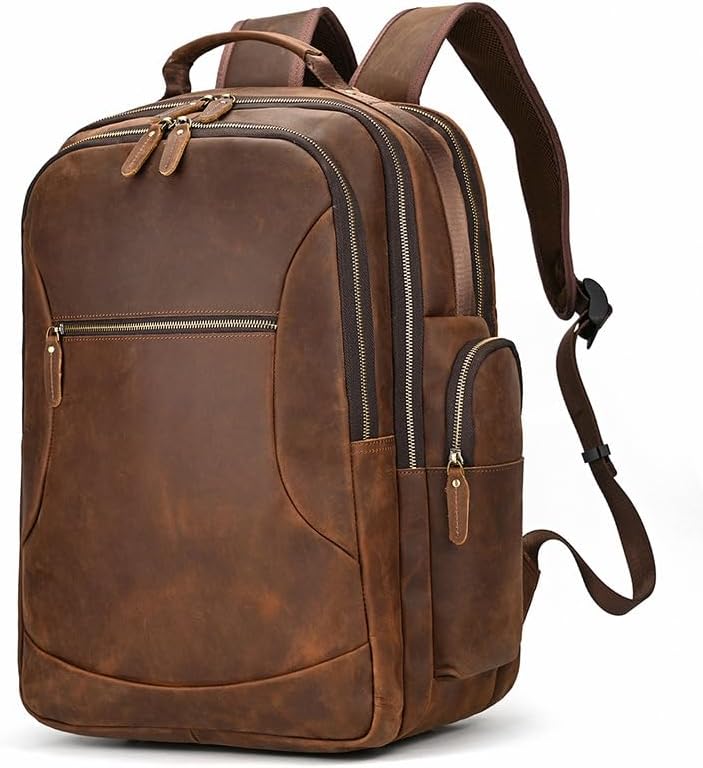 Men's Full Grain Leather Backpack, Large Capacity Vintage Daypack for Business Travel & Hiking Gift Box (Brown)