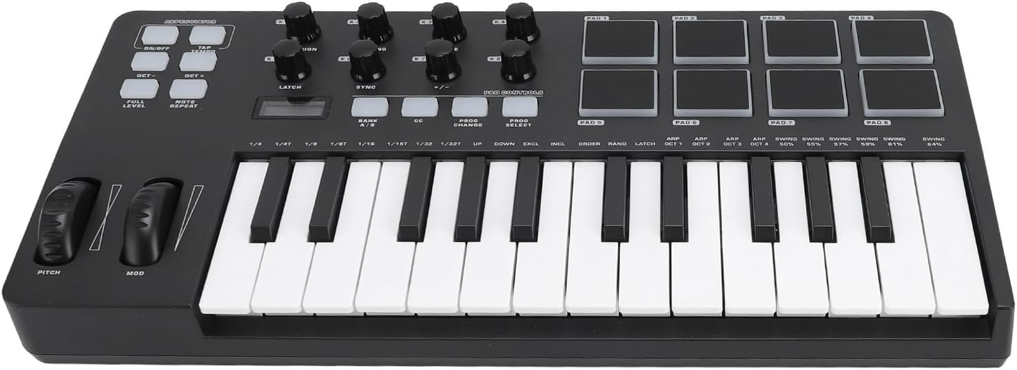 25 Key USB MIDI Keyboard Controller with Integration, MIDI Keyboard Controller with 8 Backlit Drum Pads, Arpeggiator, Adjust 8 Knobs, for Control Instruments