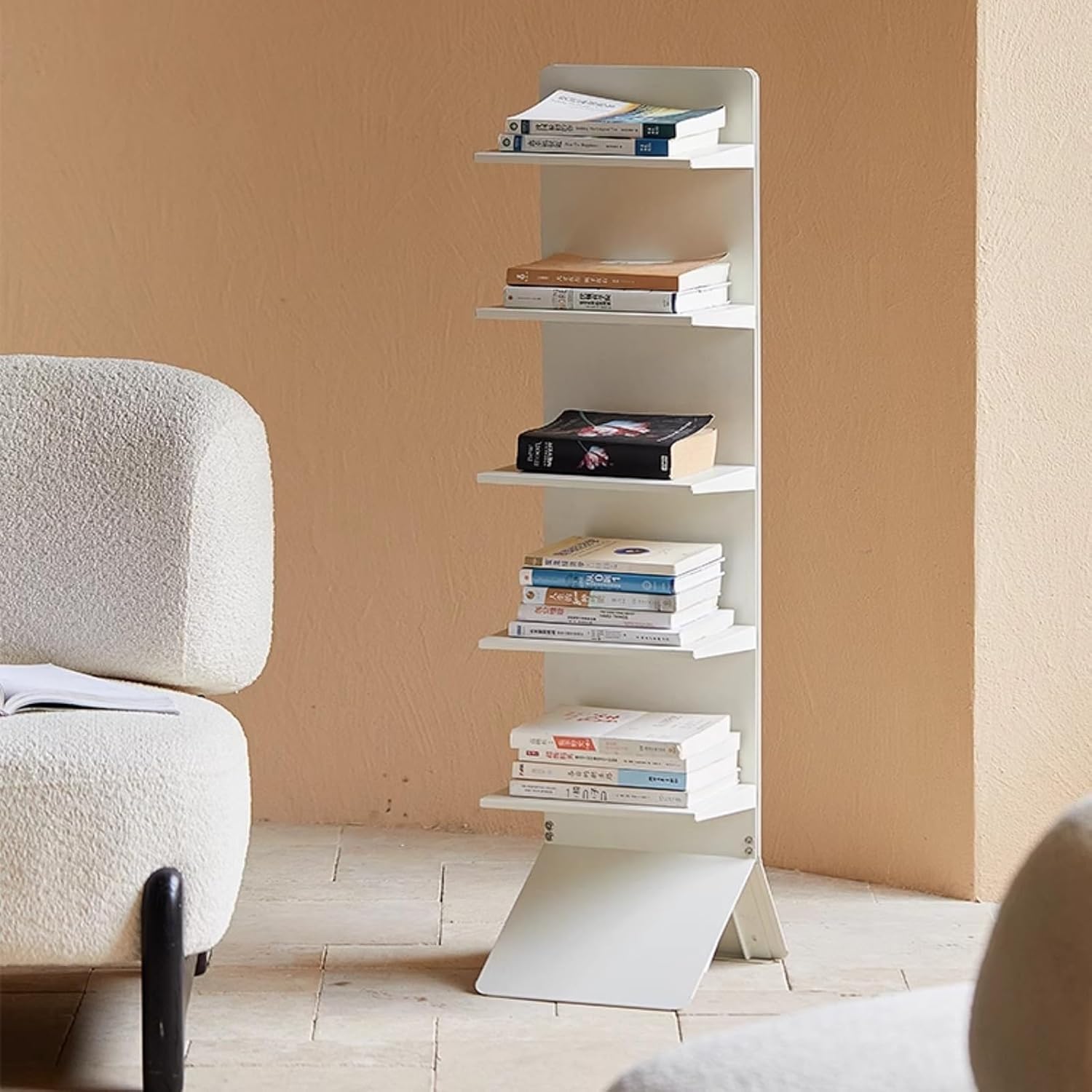 Modern Vertical Bookshelf Tower, Free Standing Bookcase Open Shelves, Simple Narrow Invisible Floor Wall Bookshelf for Small Spaces, Living Room, Bedroom, Office(White)