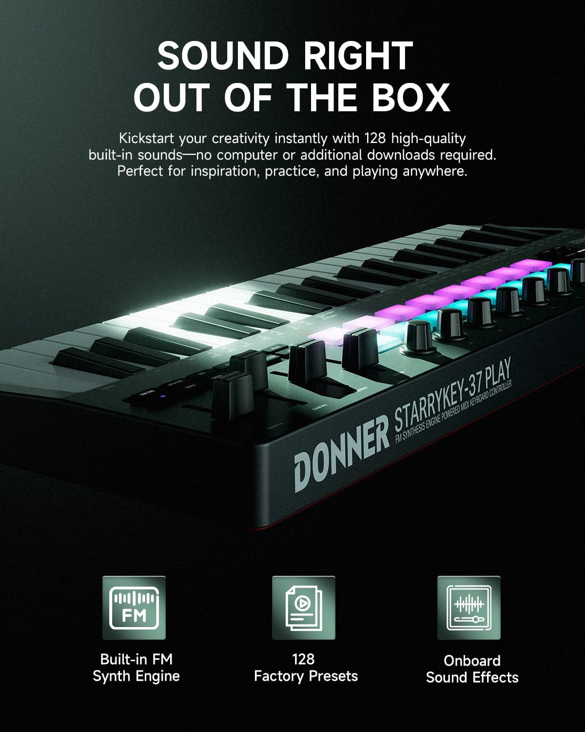 Donner STARRYKEY-37 PLAY MIDI Keyboard Controller, 37 Key Portable MIDI Controller with 128 Build-in Voices, 16 Drum Pads, Arpeggio, Sequencer, USB/Wireless Connection, 4 DAW Software & 40 Courses