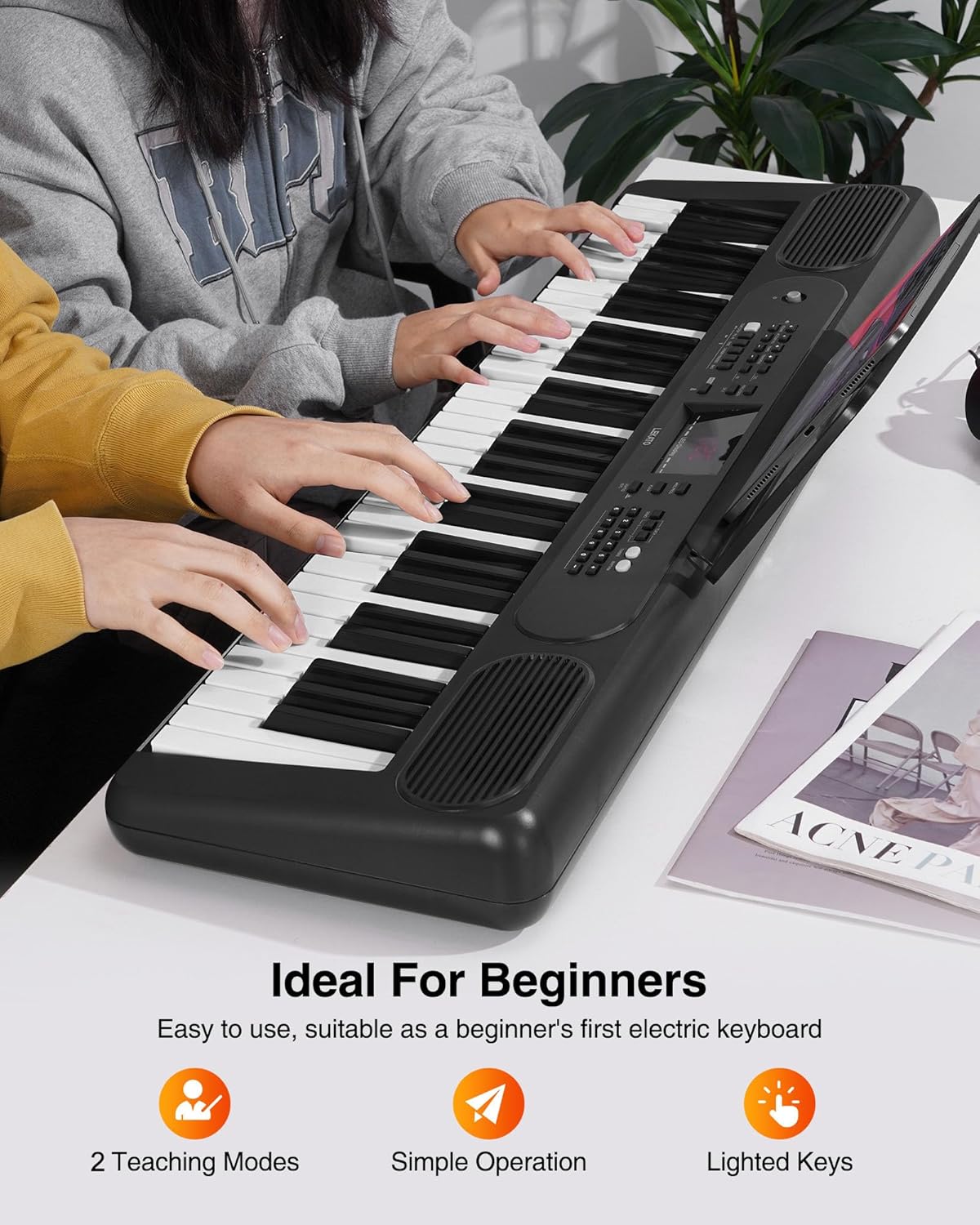 LEKATO 61 Keys Piano Keyboard, Electric Piano with Lighted Keys, 2 Teaching Modes, 300 Timbres & Rhythms, 50 Demo Songs, Vibrato, Synthesis, LED Display and Music Rest, Musician Gift for Beginners