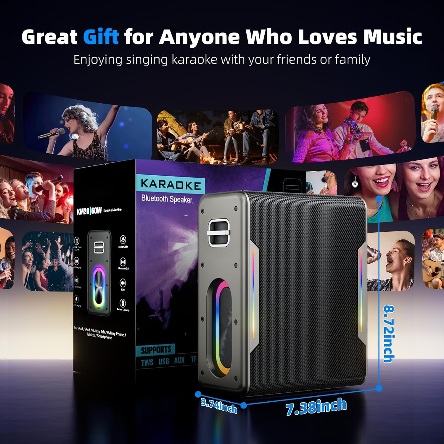 Karaoke Machine with 2 Wireless Microphones Portable Bluetooth Karaoke Machine for Adults Kids DSP Chip Karaoke Speaker with LED Lights Supports TWS TF Card USB AUX in