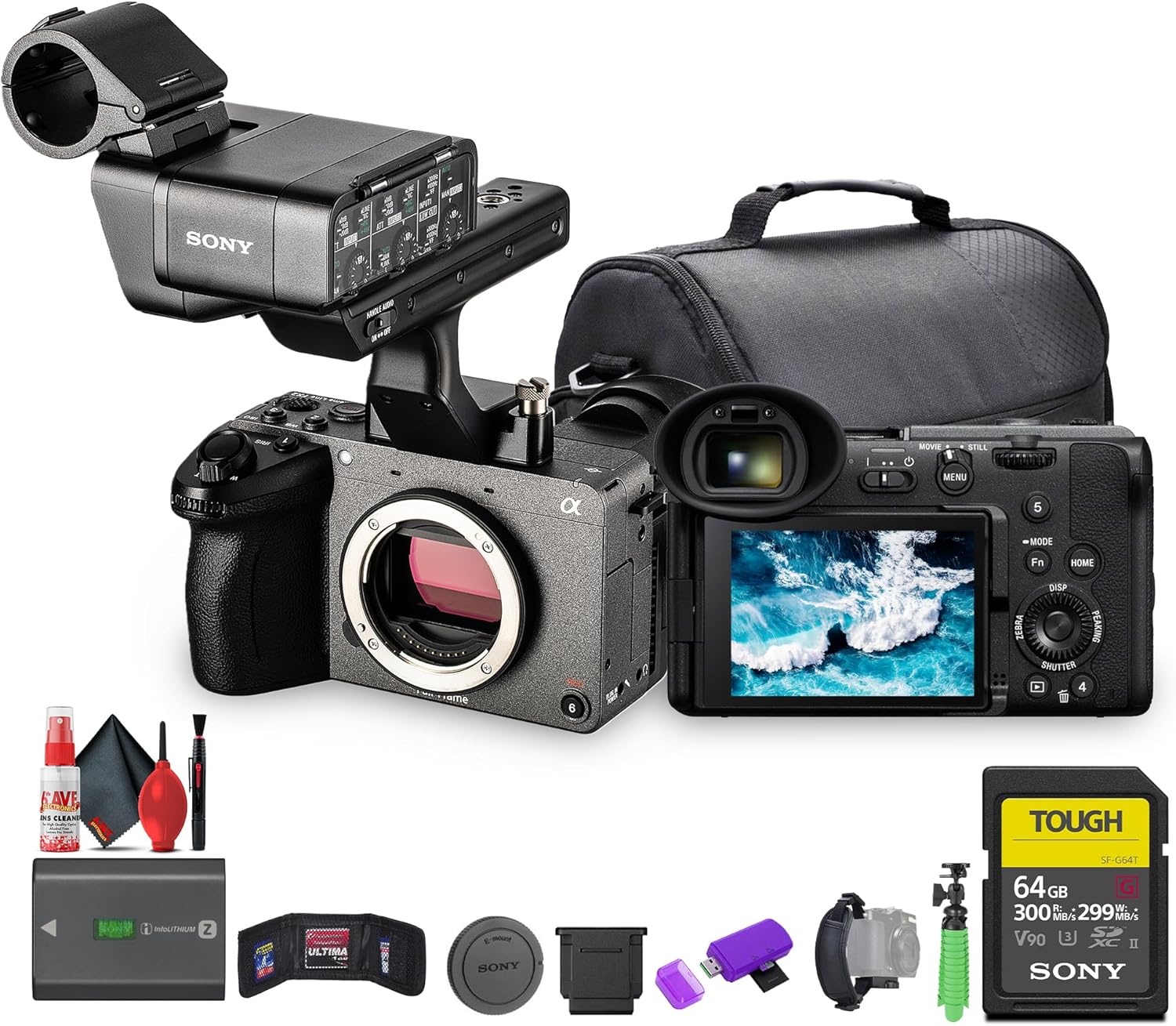 Sony FX2 Full-Frame Digital Cinema Camera w/XLR Handle | 33MP Sensor and AI Autofocus| Full-Frame 4K (ILME-FX2) + 64GB Card + Camera Bag + Flexible Tripod + Cleaning Kit + More (Renewed)