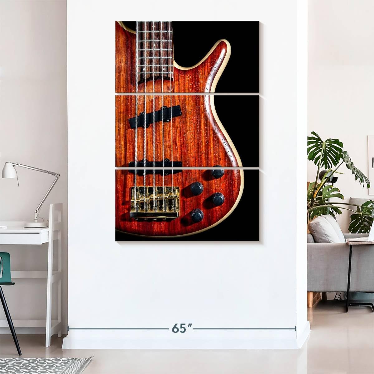 ElephantStock - Wooden Bass Guitar Wall Art - Vertical Multi Panel Canvas - 3 Piece Living Room Wall Decor - Photography Music Multi Piece Wall Art - Red And Black Decor - 48