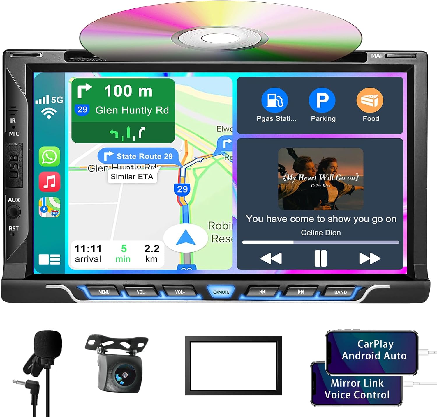 Double Din car Stereo with CD/DVD Player- CarPlay & Android Auto, Car Audio with Bluetooth, 7 Inch HD Touchscreen, Rear Camera, USB/TF/AUX, AM/FM, Subwoofer Radio Receiver