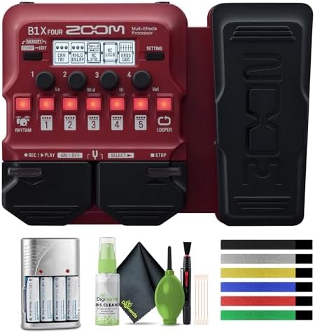 Zoom B1X Four Bass Multi-Effects Processor with Expression Pedal + 4x AA Batteries With Charger + Cleaning kit + Wire Ties