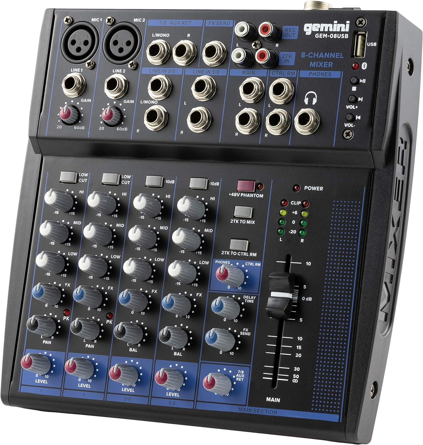 Gemini 8-Channel Audio Mixer – USB Playback, FX, EQ, Phantom Power – Compact DJ Mix Console for Music, Podcast, Live Sound & Studio Recording (GEM-08USB)