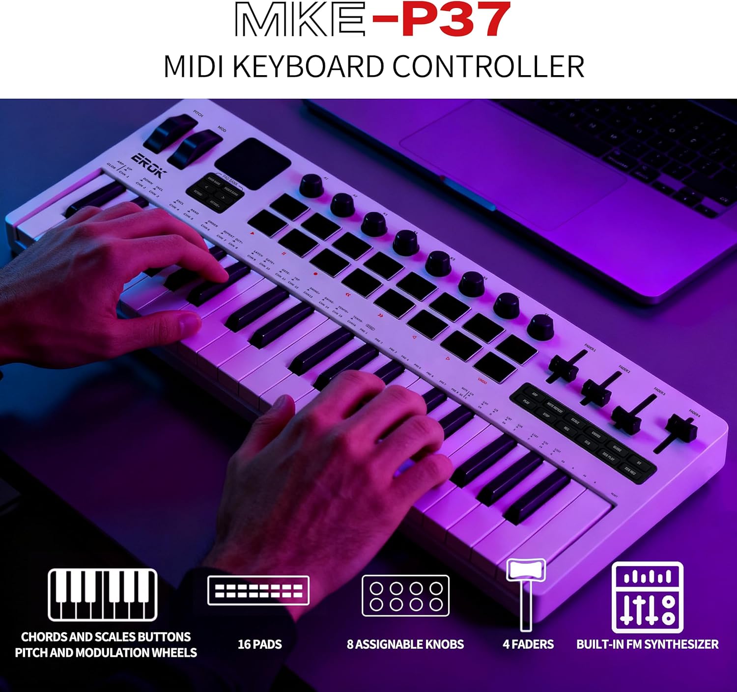 EROK 37 Keys MIDI Keyboard Controller with 3.5mm MIDI Output, 16 Backlit Drum Pads, 8 Knobs, DAW Integration & Arpeggiator, Music Production Equipment and Studio Controller (White)
