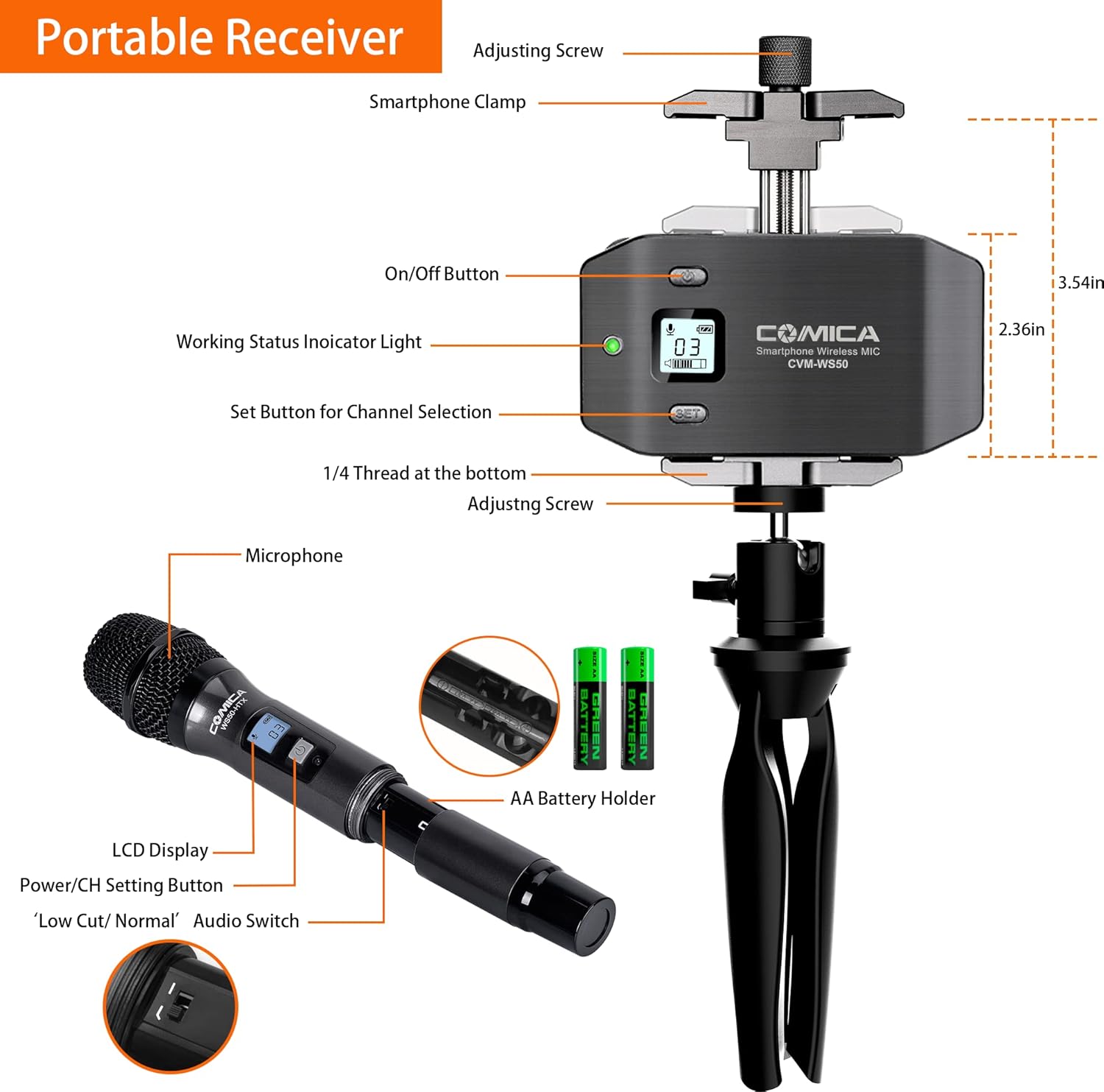 Comica CVM-WS50(H) Wireless Microphone System, 6 Channels Handheld Interview Microphone with Flexible Combination Grip for Smartphone, Camera, Perfect for YouTube, Interview, Video Conference, Podcast