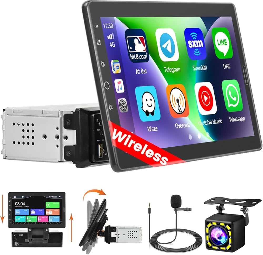 Hikity 10.1 Inch Single Din Car Stereo with Carplay Android Auto, Detachable Touch Screen Car Radio, Bluetooth FM Car Audio Receiver Support Mirror Link TF AUX USB SWC DVR Backup Camera