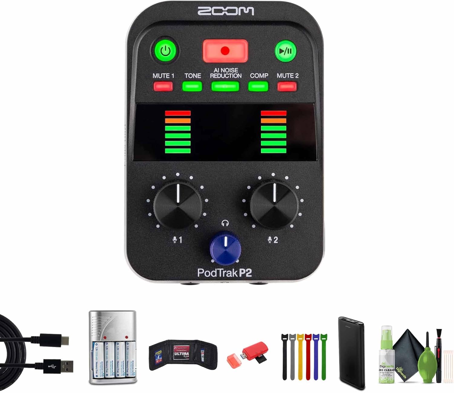 Zoom PodTrak P2 Podcast Recorder with 2 USB Mic Inputs, 2 Headphone Outputs, AI Noise Reduction, Tone & COMP Effects, Remote Guest Recording Bundle with 64GB Memory Card + More