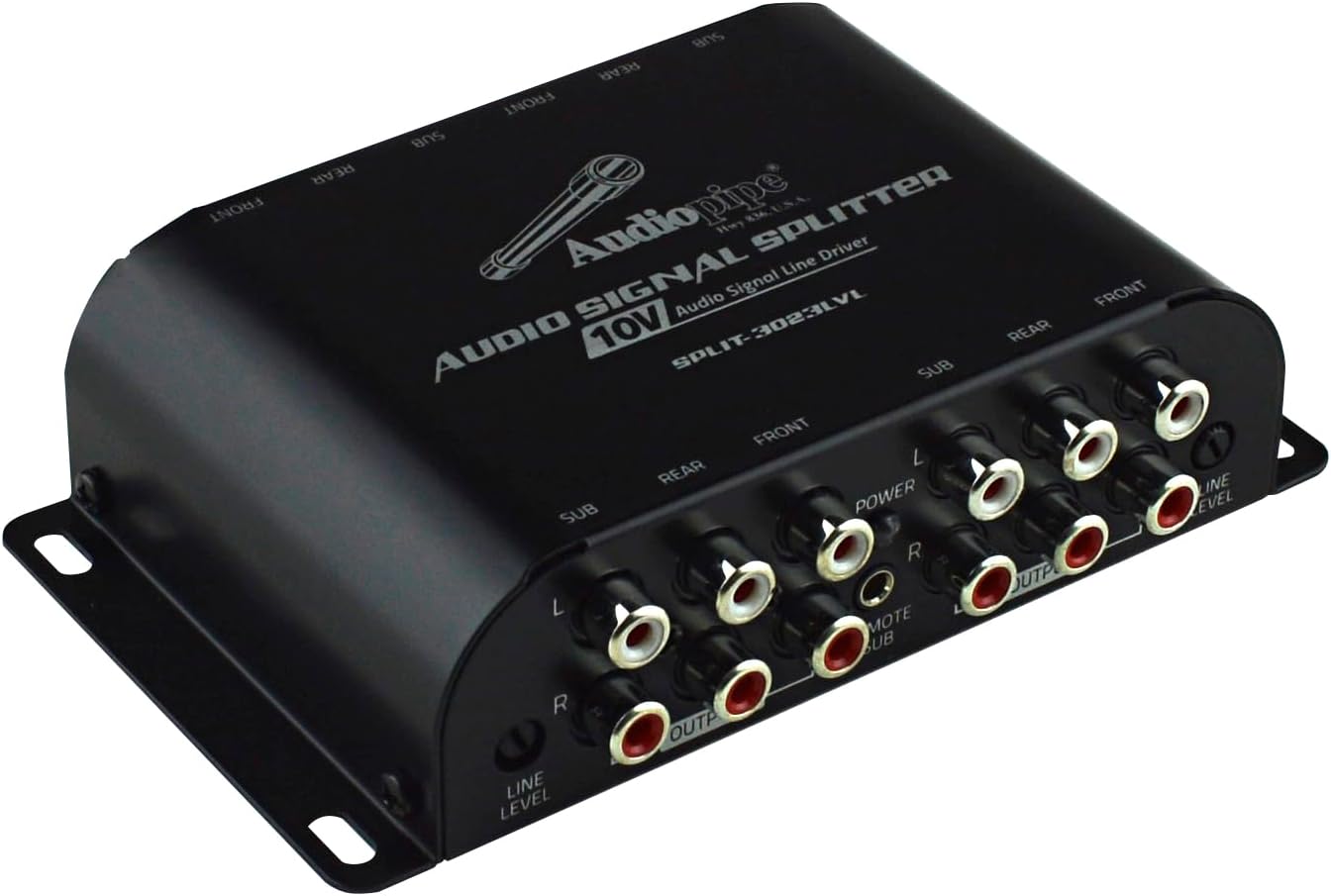Audiopipe Audio Signal Splitter (SPLIT-3023LVL), 10V Line Driver, Built-in Line Level Gain Control, Remote Bass Knob, RCA Stereo Splitting, Optimal Clarity, 3 Inputs, Multiple Connection, 95dB