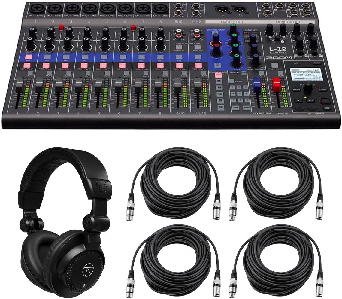 Zoom LiveTrak L-12 12-Channel Digital Mixer & Multitrack Recorder, Bundle with TAPH100 Monitor Headphones and 4x 50' XLR Cable