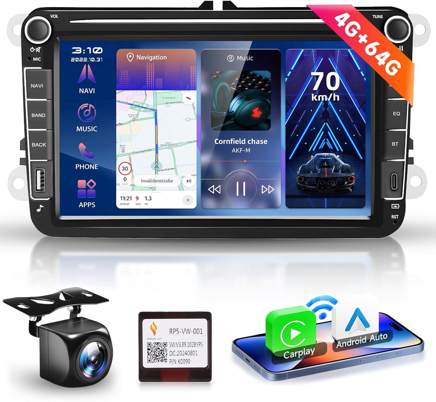 4G+64G 8 Inch Car Radio Stereo with Wireless CarPlay Android Auto, IPS Touch Screen Android 13 GPS WiFi USB/Type C Bluetooth DSP Audio for VW Passat Jetta Tiguan Golf MK5 MK6 T5 Polo