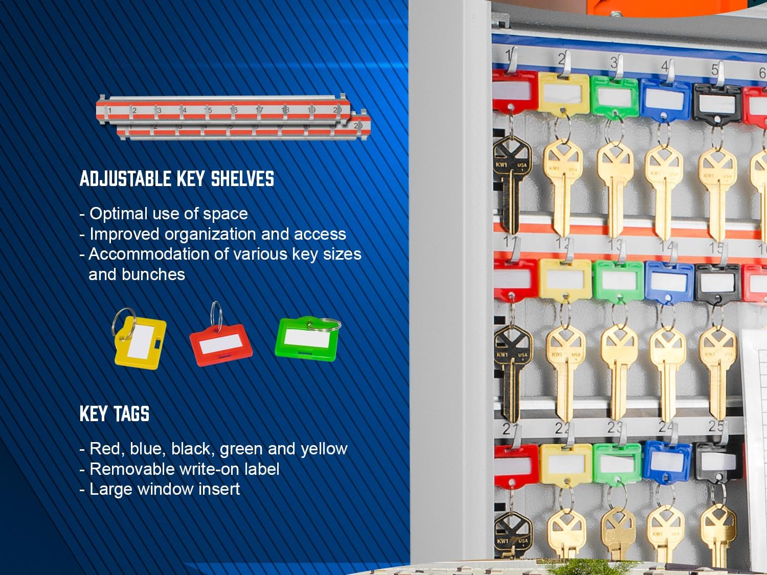 Barska Key Lock Box with Glass Door – Wall Mount Steel Key Cabinet Organizer with Labeled Hooks and Colored Key Tags for Home, Office, Property Management