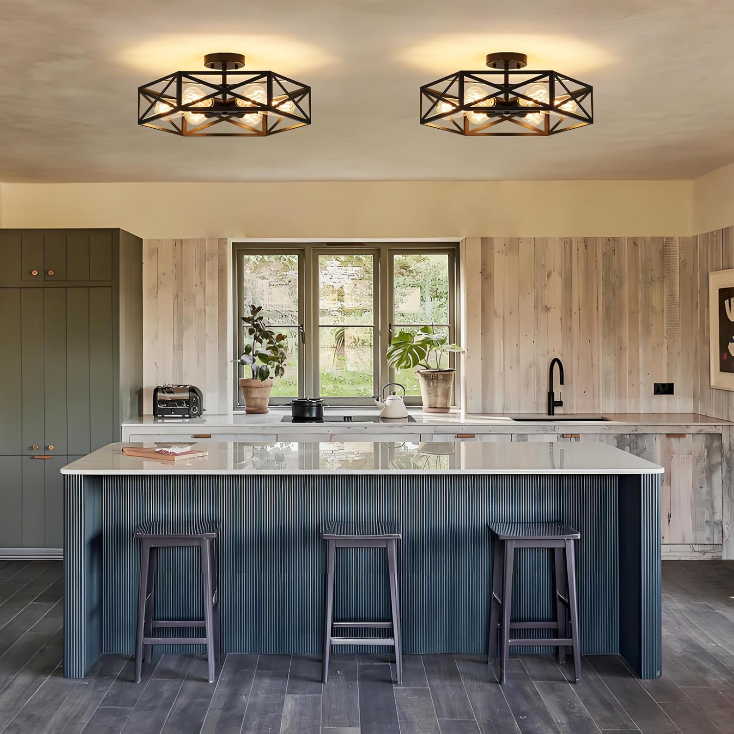 Modern Farmhouse Black Ceiling Light,Industrial Semi Flush Mount Ceiling Lighting Fixture,hexagonal Lighting Fixtures for Kitchen,Bedroom,Foyer,Living,Dining Room,Laundry Room,6-Light,19.7 Inch