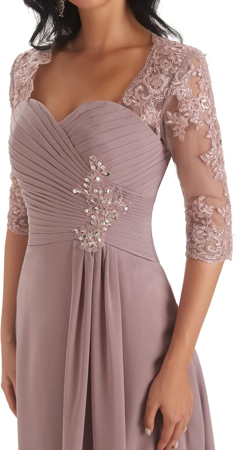 Sukleet Women's Lace Applique Mother of The Bride Dresses Tea Length Short Sleeves Chiffon Pleated Formal Wedding Guest Dress