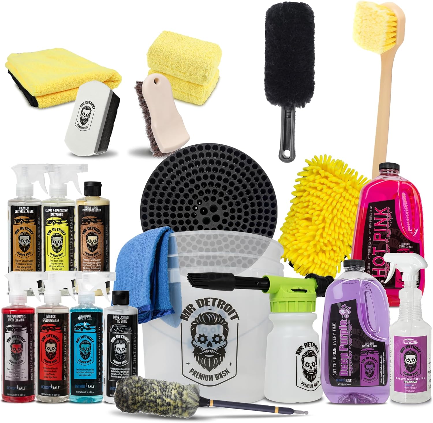 Mr. Detroit - 22pc Car Wash Kit with Foam Blaster, Bucket & Filter, Car Care Cleaners, Leather Conditioner, Towels, Wash Glove, Brushes, Sponge Pads, Exterior and Interior Detailing for Vehicles