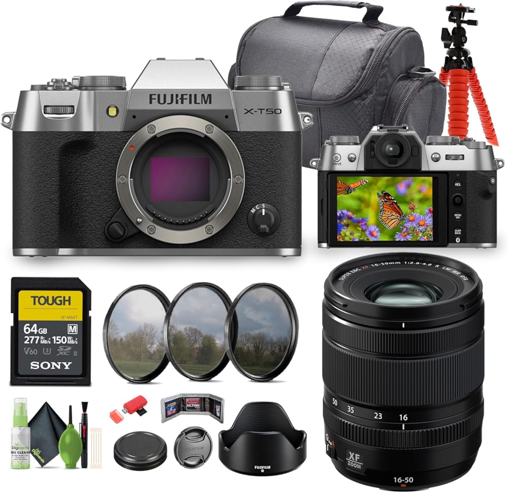 FUJIFILM X-T50 Mirrorless Digital Camera Body - Silver Bundle with Fuji XF 16-50mm f/2.8-4.8 R LM WR Lens + 64GB UHS-II SDXC Memory Card + Cleaning kit + 12 inch Flexible Tripod + More