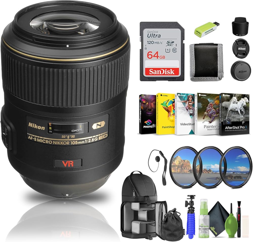 Nikon AF-S VR Micro-NIKKOR 105mm f/2.8G IF-ED Lens (2160) + 64GB Memory Card + Filter Kit + Backpack + Card Reader + Corel Photo Software + Flex Tripod + Memory Wallet + Cap Keeper + Cleaning Kit