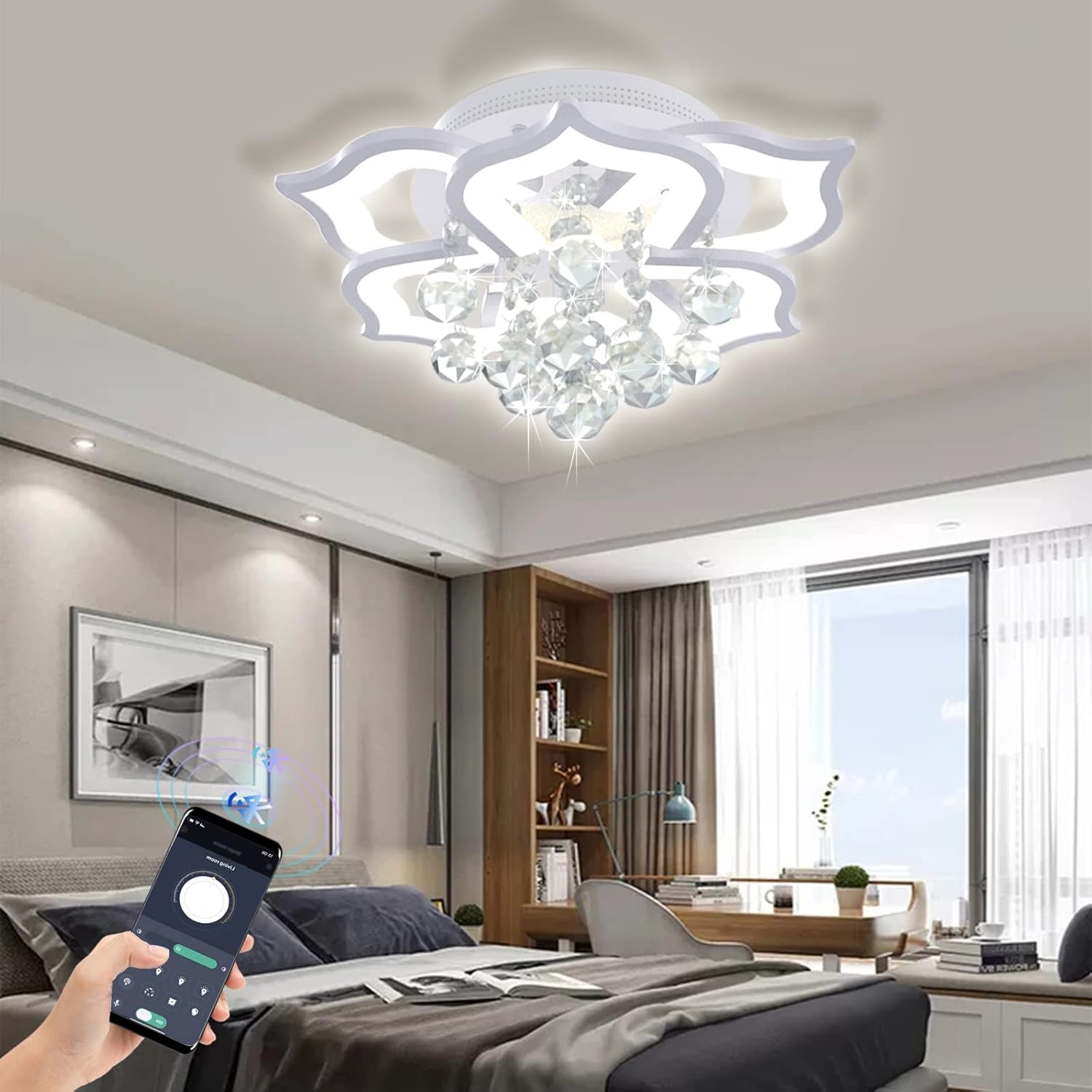 Modern Led Ceiling Light,24w Crystal Petal Flush Mount Chandelier Ceiling Flower Lamp with Remote Control for Living Room,Bedroom,Dining Room,Hall,Etc.3+3 Heads……