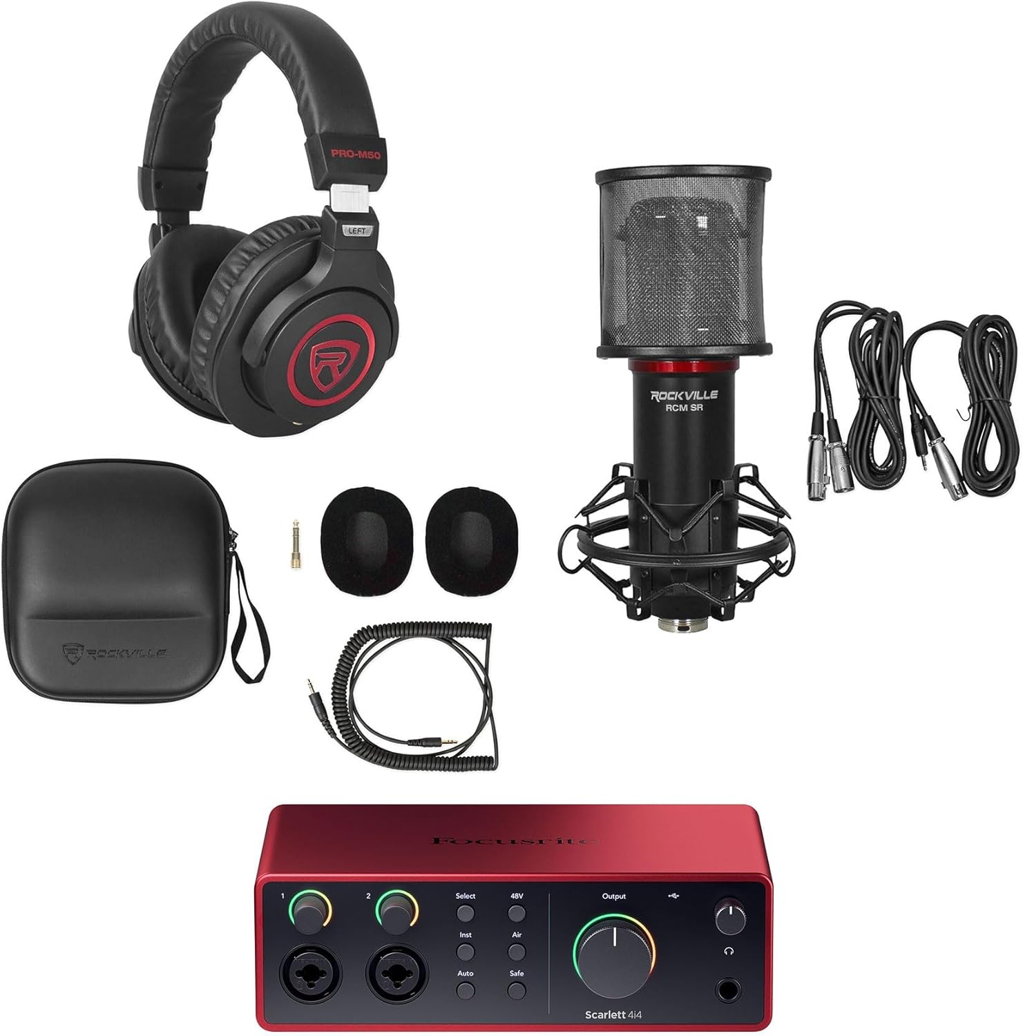 Audiosavings Bundle: Focusrite Scarlett 4i4 4th Gen Studio Recording USB Audio Interface+Software Bundle with Rockville RCM SR Studio/Recording Condenser Microphone+PRO-M50 SR Headphone (3 Items)