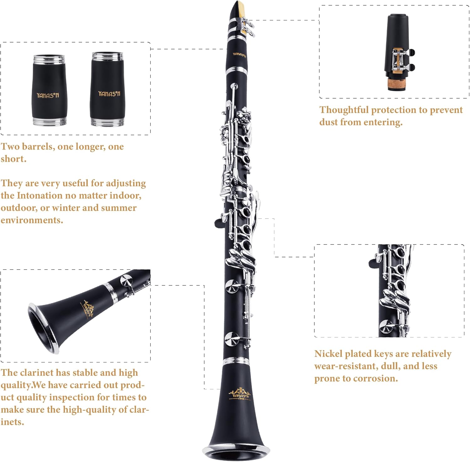 YANASON Bb clarinet for beginners, Bb nickel-plated 17-keys clarinet, suitable for students, professionals, school bands with Hard Foam Case,Barrels*2,Pads*8,Stand, Cleaning Kit,Gloves,Strap,Reeds*8