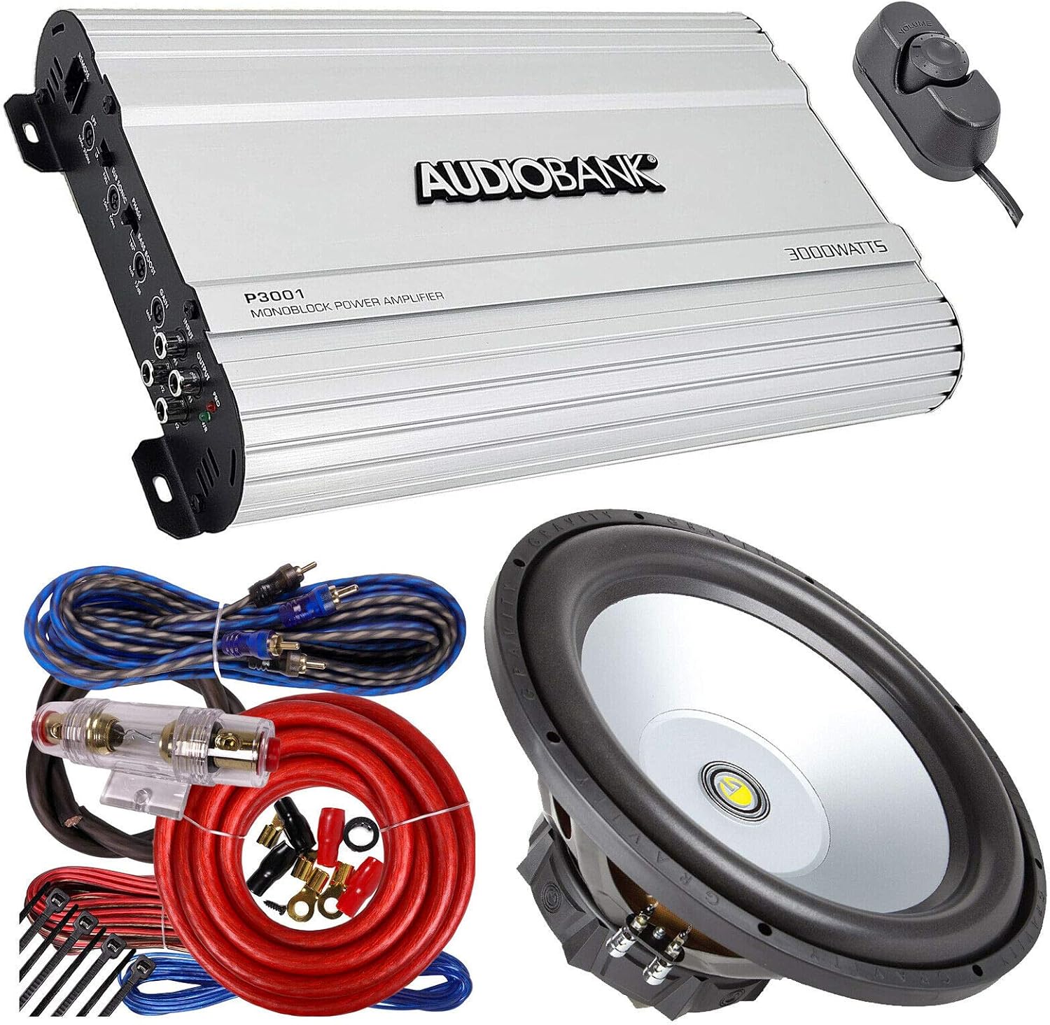 Audiobank P3001 Monoblock 3000W AB Car Audio Stereo Amplifier + 4 Gauge 2300W Car Amplifier Installation Kit + 1x Gravity GR-15PW 15 Inch 1600 Watt Car Audio Subwoofer