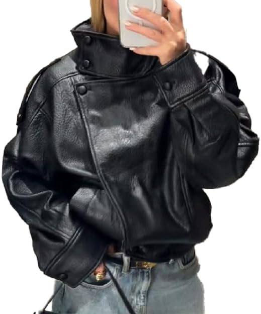 THLAI Faux Leather Jacket for Women Stand Collar & Long Sleeve Fall Outerwear Casual Streetwear