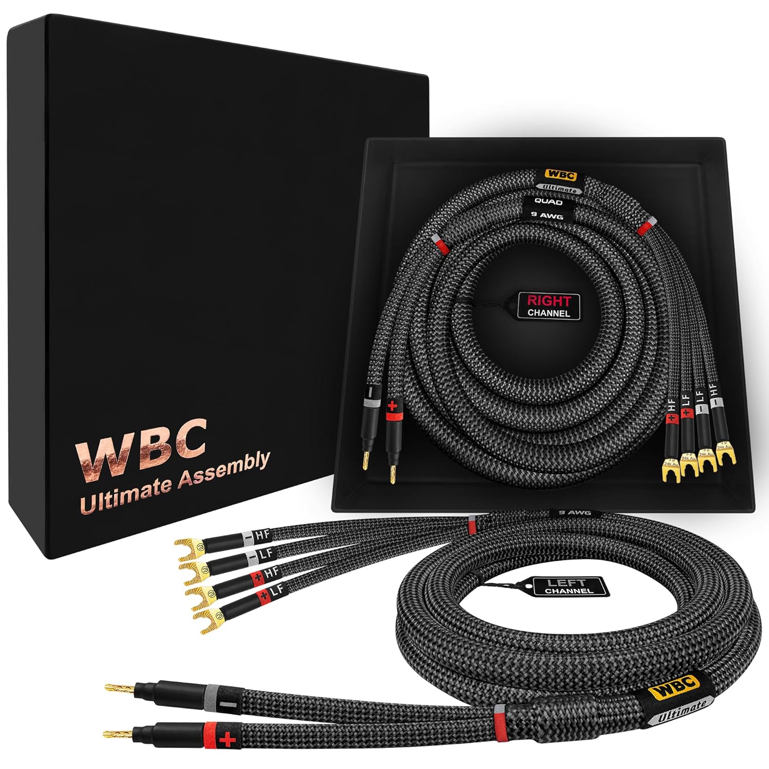 WORLDS BEST CABLES 8 Foot Ultimate - 9 AWG - Ultra-Pure OFC - Premium Audiophile HiFi Bi-Wire Speaker Cable Pair with Eminence Gold Banana (x2) & Spade (x4) Plugs & Carbon Tweed Jacket
