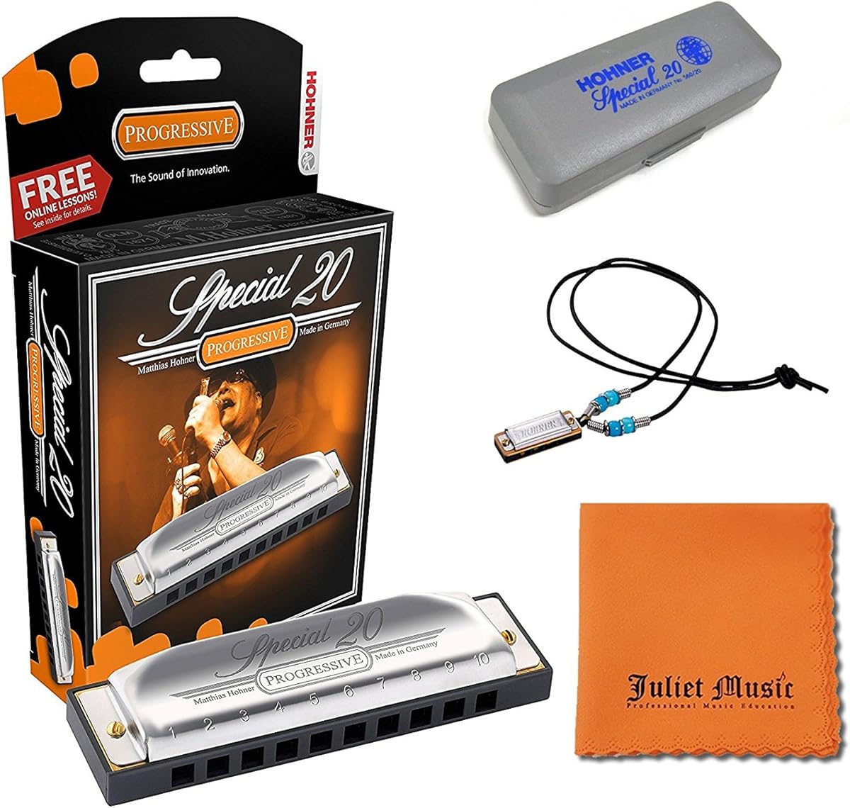Hohner Special 20 Harmonica, 10 Holes Key E Bundle Hard Case, Mini Harmonica Necklace Juliet Music Polishing Cloth