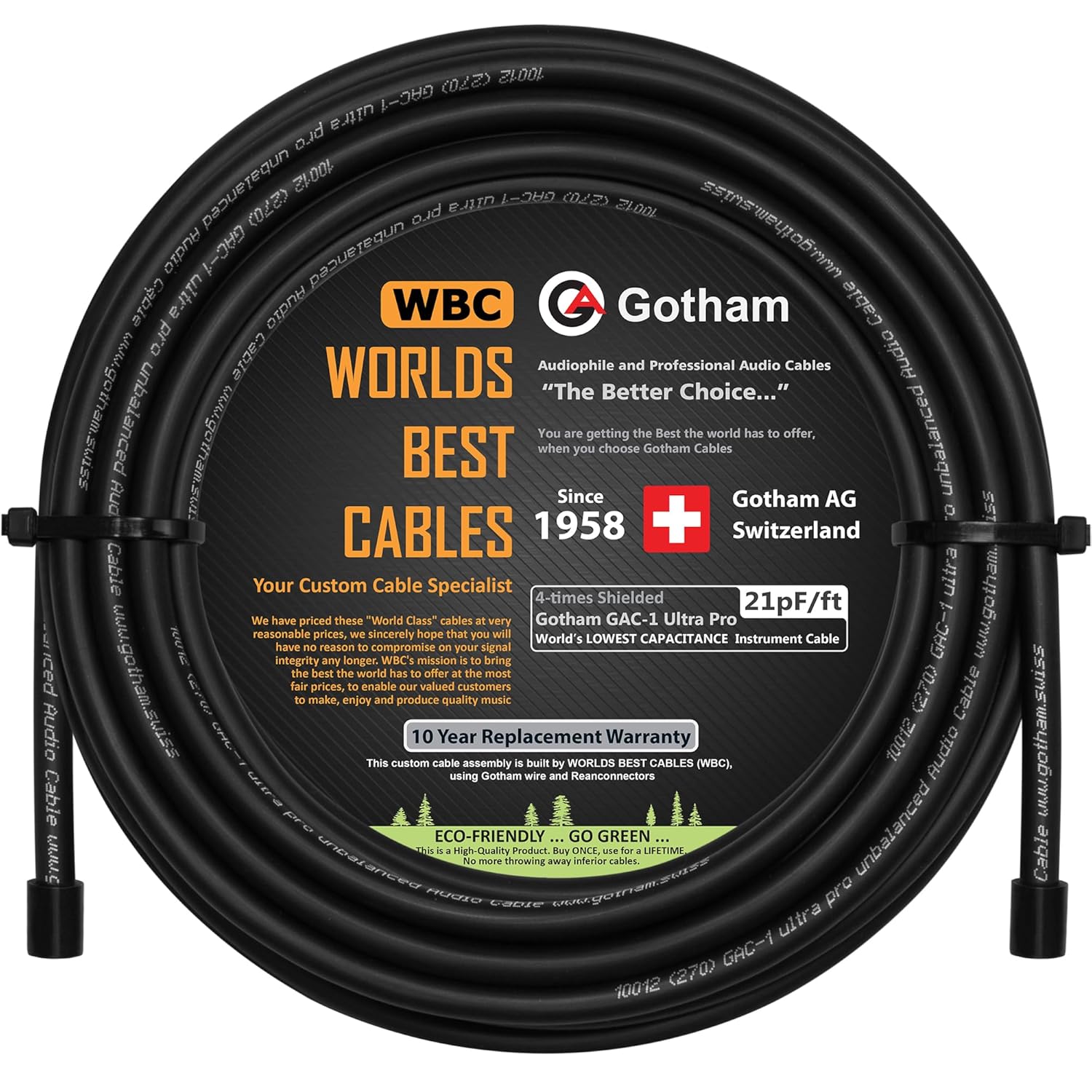 Gotham GAC-1 Ultra Pro (Black) - Premium, Low-Capacitance (21 pf/F) Guitar Bass Instrument Cable – Bulk – Sold in 50 Foot Length