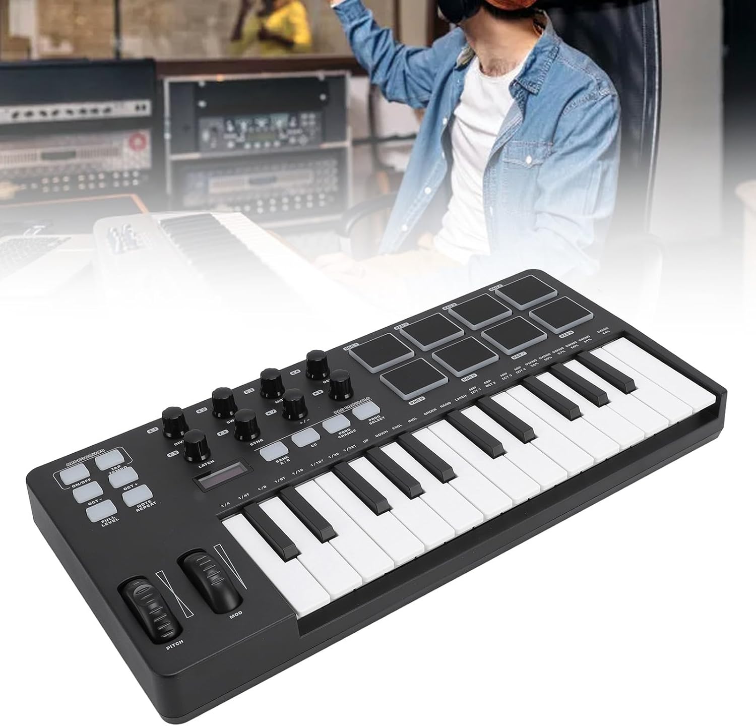 USB MIDI Keyboard Controller, 25 Key MIDI Controller with Integration Chord Mode Scale Mode 8 Backlit Drum Pads Arpeggiator 8 Knobs Music Production Software