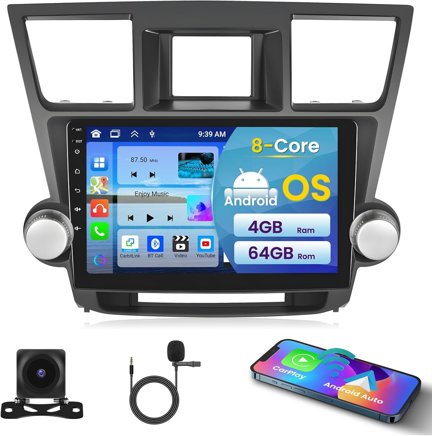 [8Core 4+64GB] Android 15 Car Radio for Toyota Highlander 2009-2014 with Wireless Carplay/Android Auto, 10 Inch HD Touchscreen Car Stereo with GPS WiFi Bluetooth5.0 FM/RDS DSP SWC