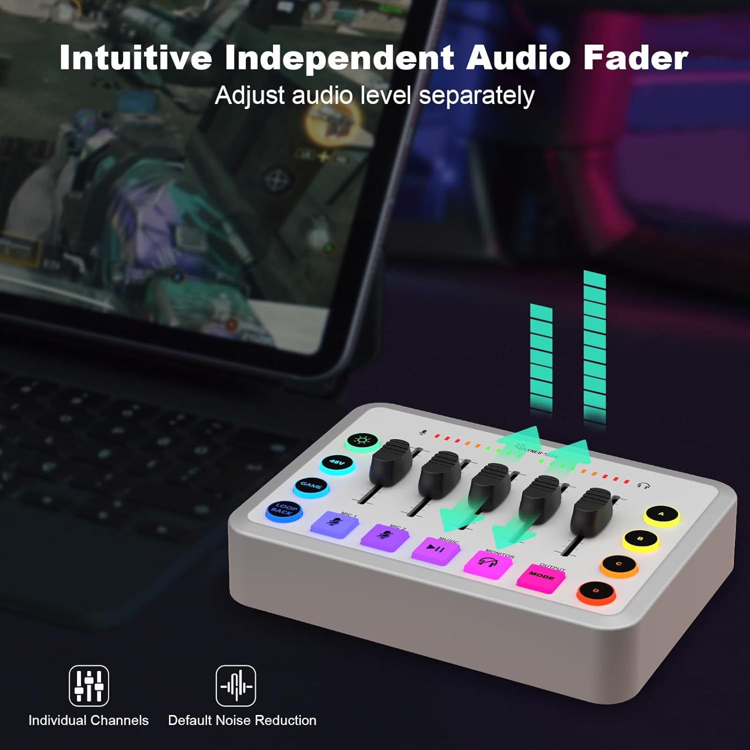 Gaming Audio Mixer Bundle, XLR Audio interface with 48V Condenser Microphone, 5-Channels, RGB,Volume Fader, Mute Button for Streaming,Recording,Podcast Equipment Bundle-White (H1)