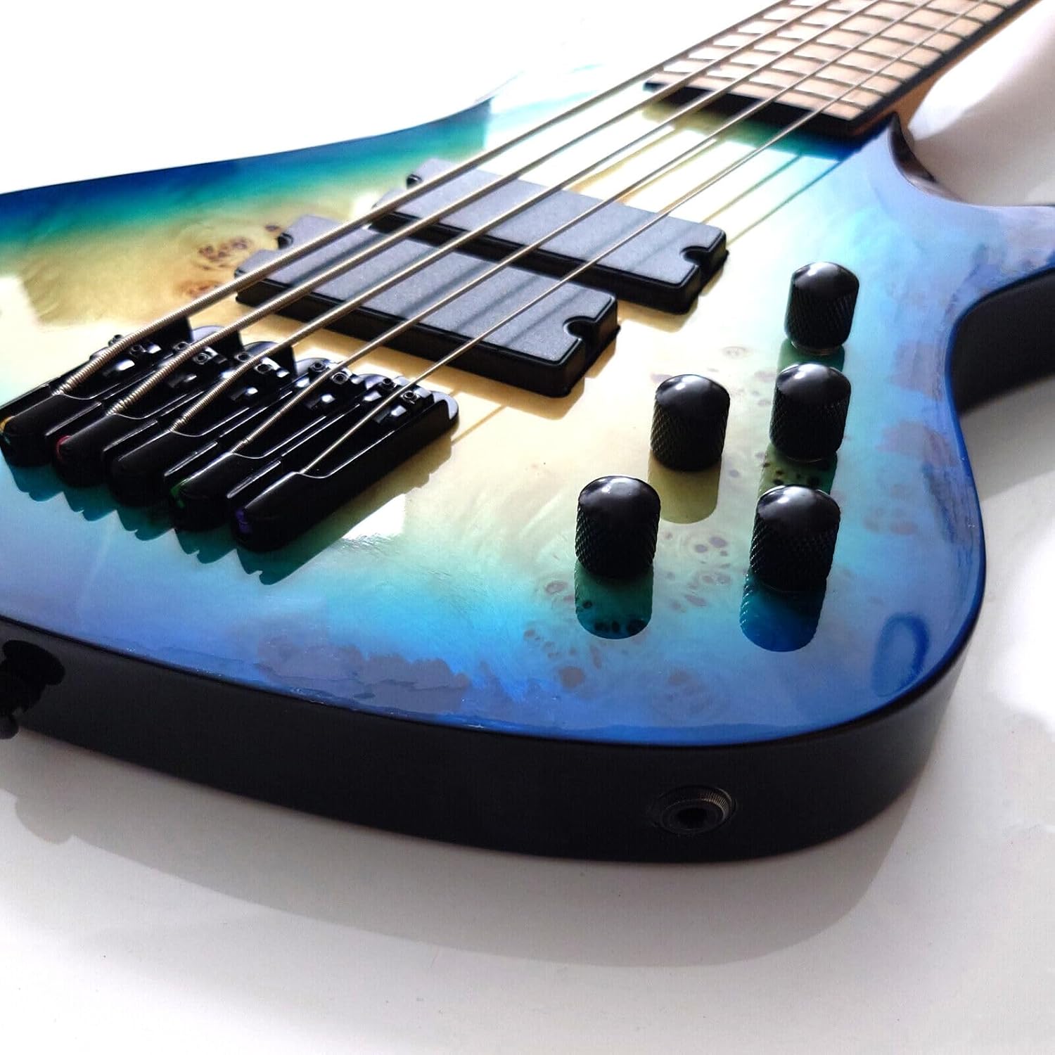 Upgrade 5 String Electric Bass Guitar Fanned Fret Blue Burl Burst Quilt Maple Top Roasted Maple Neck