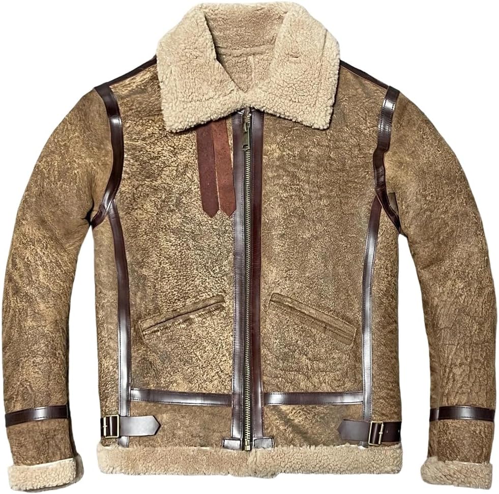 Men Winter Real Sheepskin Pilot Jackets Super Warm Genuine Sheep Bomber Vintage Leather Fur Jacket