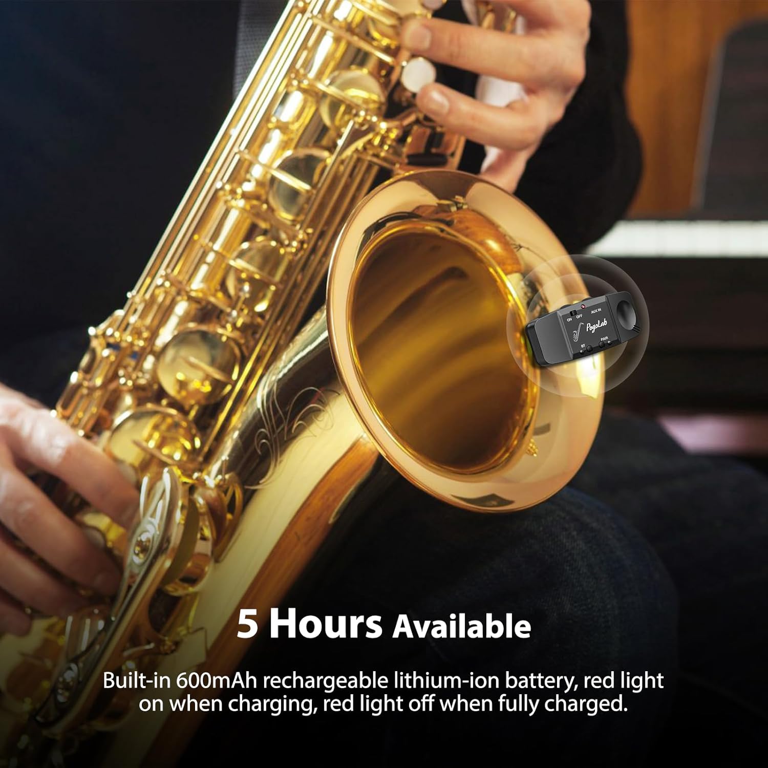 UHF Wireless Saxophone Microphone System, Rechargeable Mic Pickup System with Storage Case, 164 Feet Range, Clip-On Transmitter with Treble/Bass/Middle Adjustment, for Most Brass Instruments