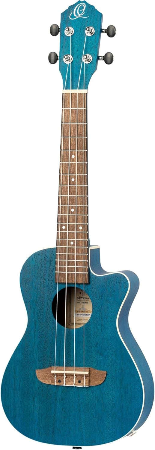 Ortega Guitars, 4-String Earth Series Concert Acoustic/Electric Ukulele, Right, Transparent Ocean Blue, (RUOCEAN-CE)