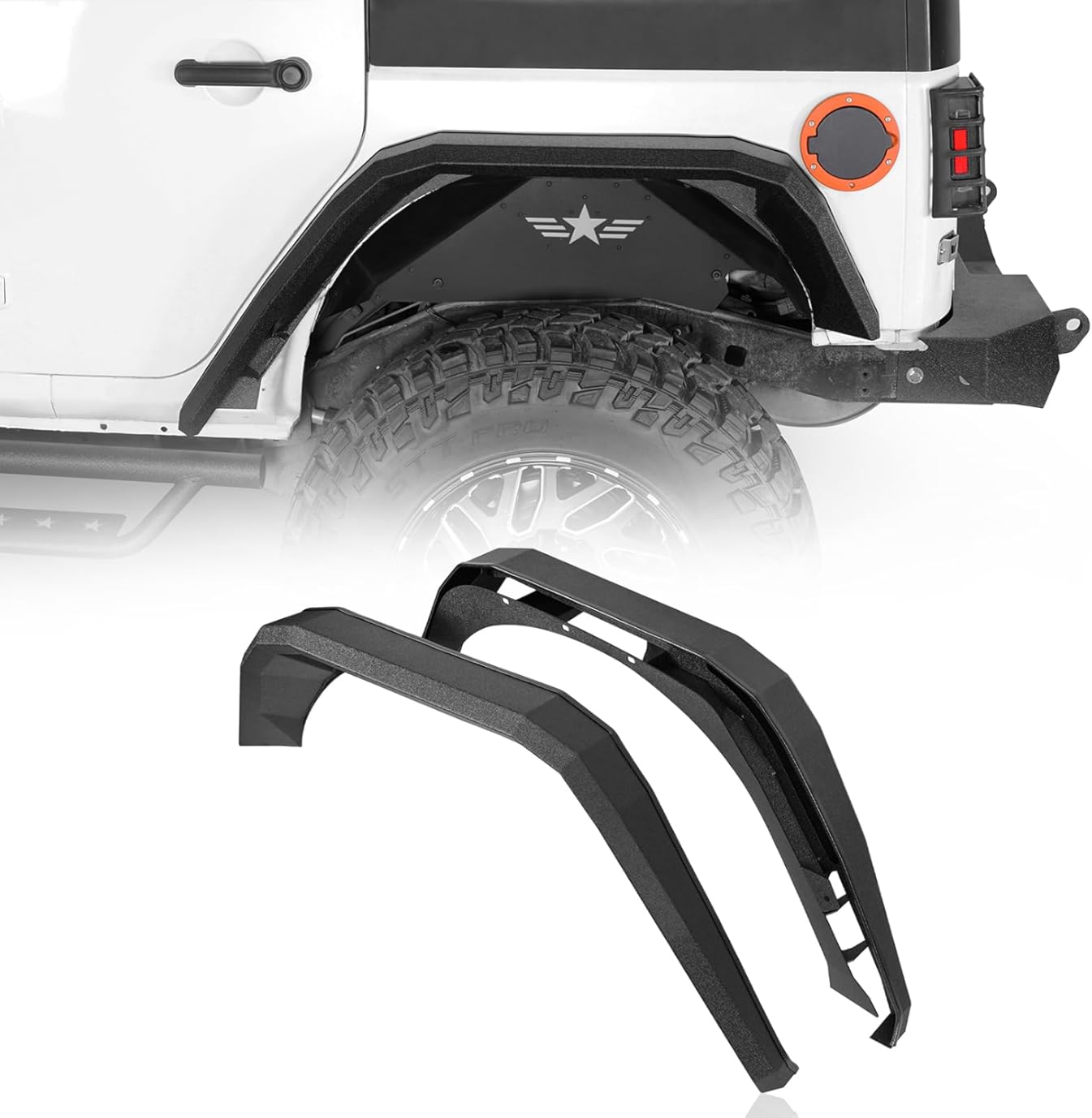 Hooke Road JK Flat Rear Fender Flares Steel Flat Fenders for 2007-2018 Jeep Wrangler JK & JKU Offroad Wheel Armor Guard