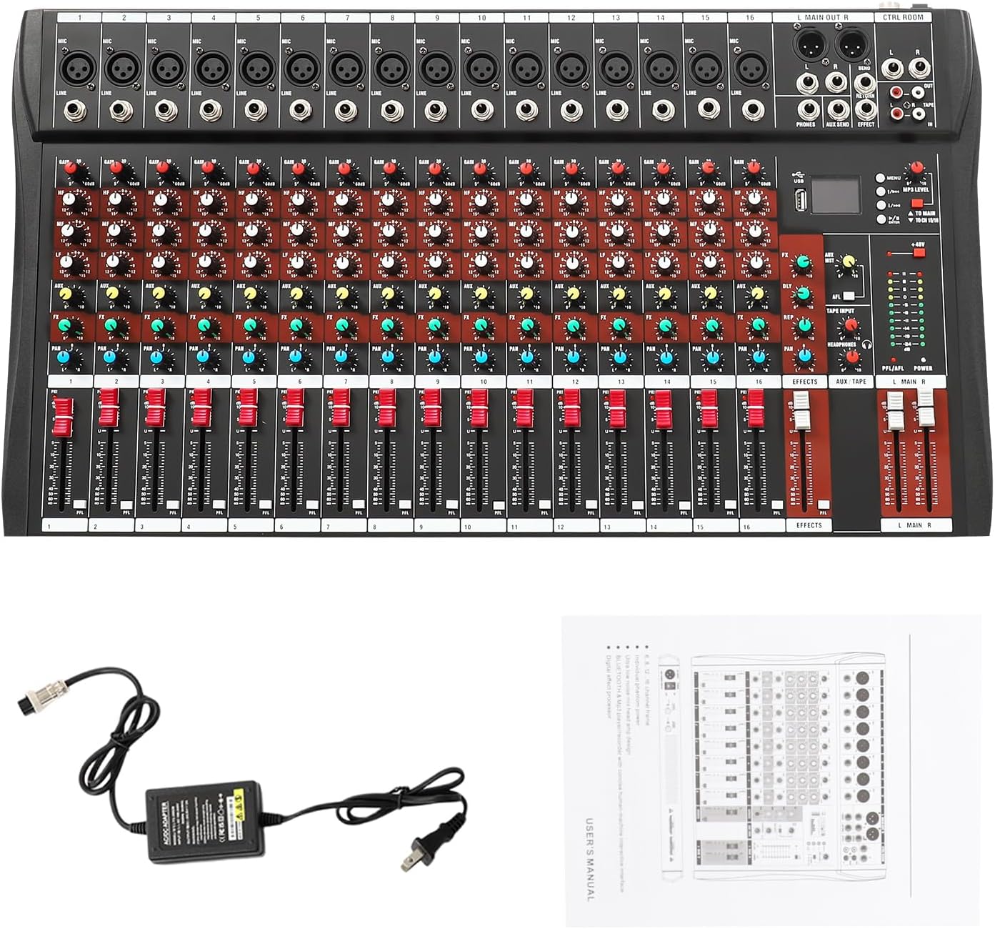 16 Channel Audio Mixer, Soundboard Mixing Console Sound Mixer DJ Sound Controller with USB & Bluetooth, Studio Audio Mixer for Professional and Beginners (16 Channel)