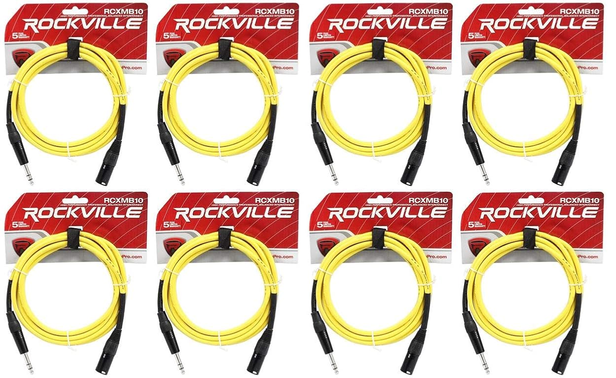 Rockville (8 RCXMB10Y 10' Male REAN XLR to 1/4'' TRS Cable Yellow 100% Copper